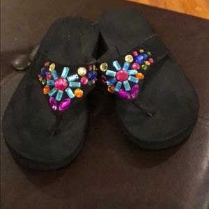 Black Multicolor Stone Wedge Sandals